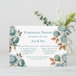Invitación Teal Roses And Bronze Leaves Rehearsal Dinner
