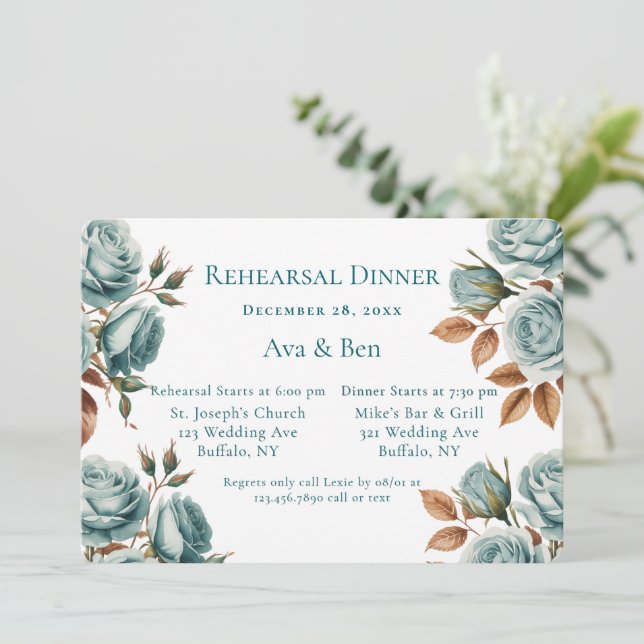 Invitación Teal Roses And Bronze Leaves Rehearsal Dinner (Anverso de pie)