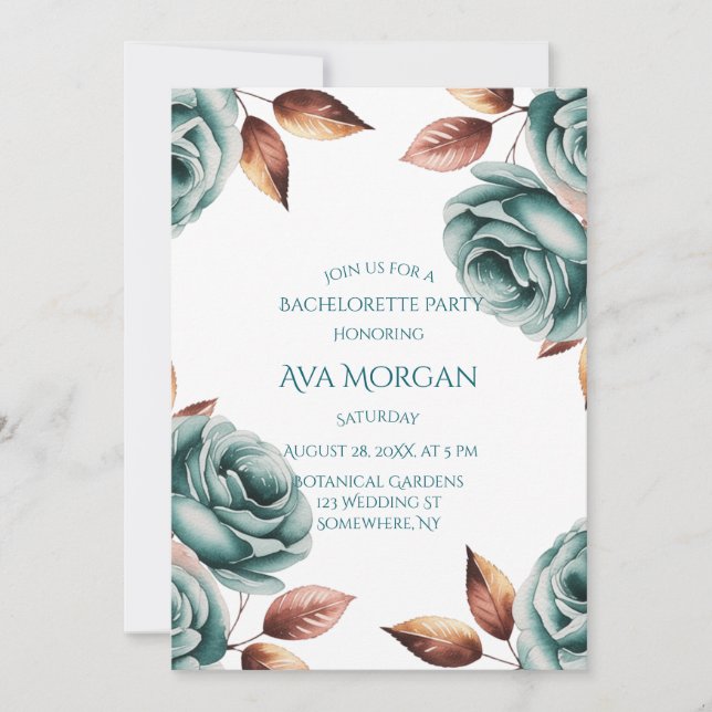 Invitación Teal Roses and Copper Leaves Bachelorette Party (Anverso)