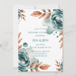 Invitación Teal Roses and Copper Leaves Wedding Celebration 