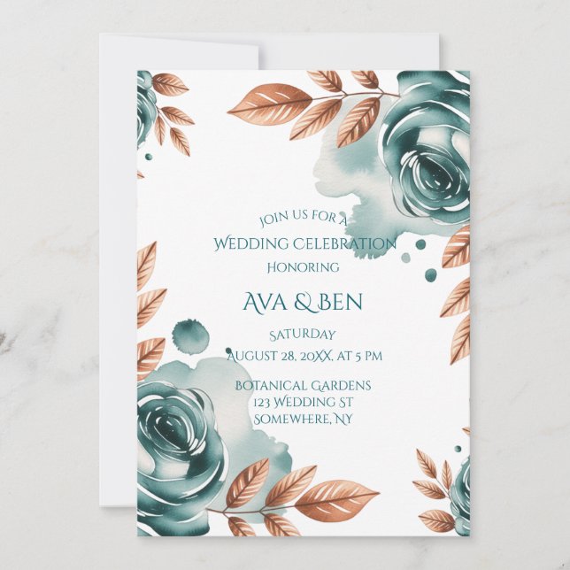 Invitación Teal Roses and Copper Leaves Wedding Celebration  (Anverso)