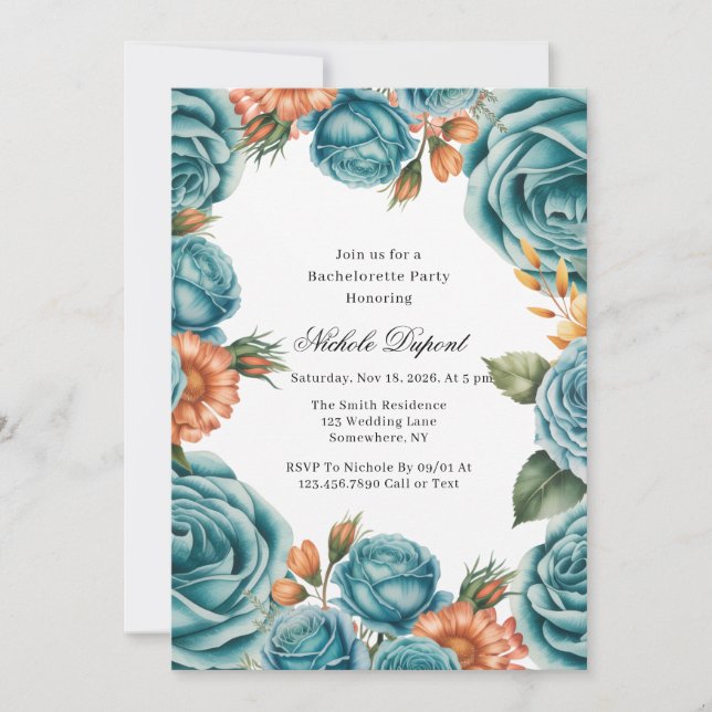 Invitación Teal Roses and Orange Floral Bachelorette Party (Anverso)