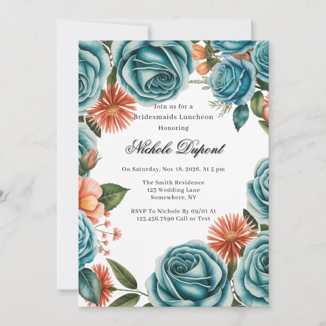 Invitación Teal Roses and Orange Floral Bridesmaids Luncheon (Anverso)