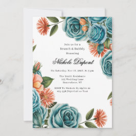 Invitación Teal Roses and Orange Floral Brunch & Bubbly