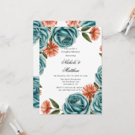 Invitación Teal Roses and Orange Floral Couples Shower