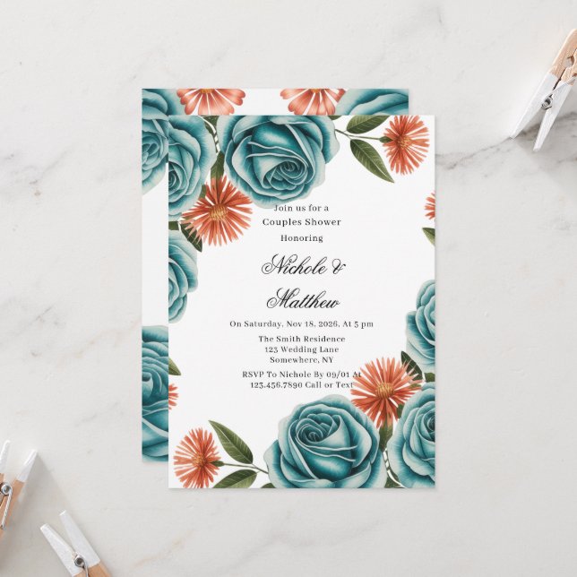 Invitación Teal Roses and Orange Floral Couples Shower (Anverso/Reverso In Situ)