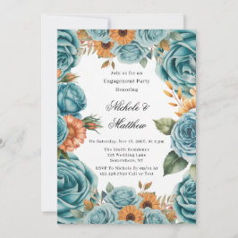 Invitación Teal Roses and Orange Floral Engagement Party