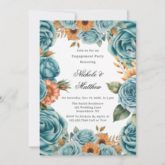Invitación Teal Roses and Orange Floral Engagement Party (Anverso)