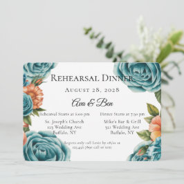 Invitación Teal Roses and Orange Floral Rehearsal Dinner