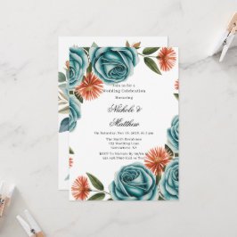 Invitación Teal Roses and Orange Floral Wedding Celebration 