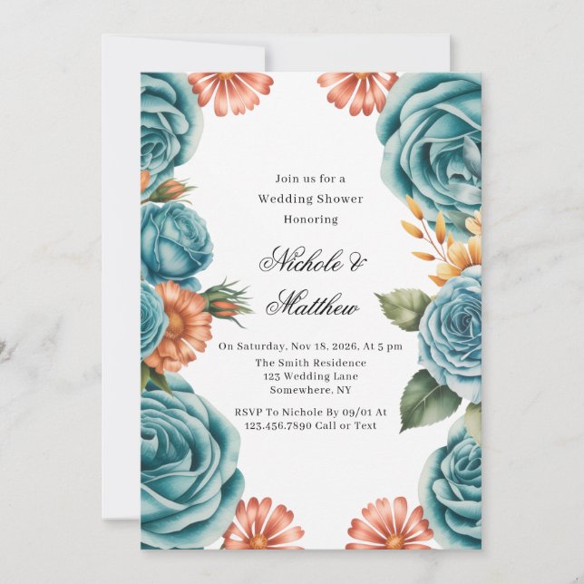 Invitación Teal Roses and Orange Floral Wedding Shower (Anverso)