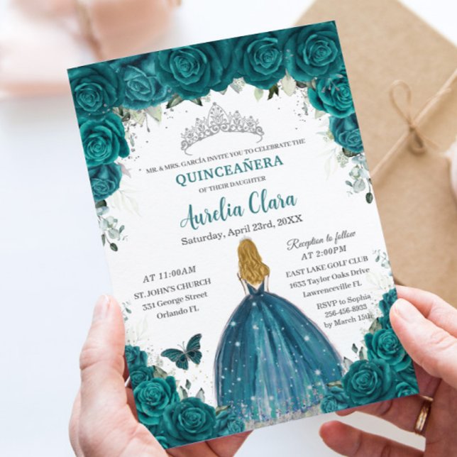 Invitación Teal Roses Floral Blonde Princess Quinceanera 16th (Subido por el creador)