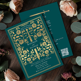 Invitación Teal Royal Medieval Gold Sword Wedding QR Code