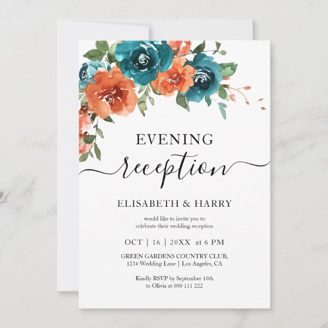 Invitación Teal Rust Burnt Orange Floral Fall Wedding  (Anverso)