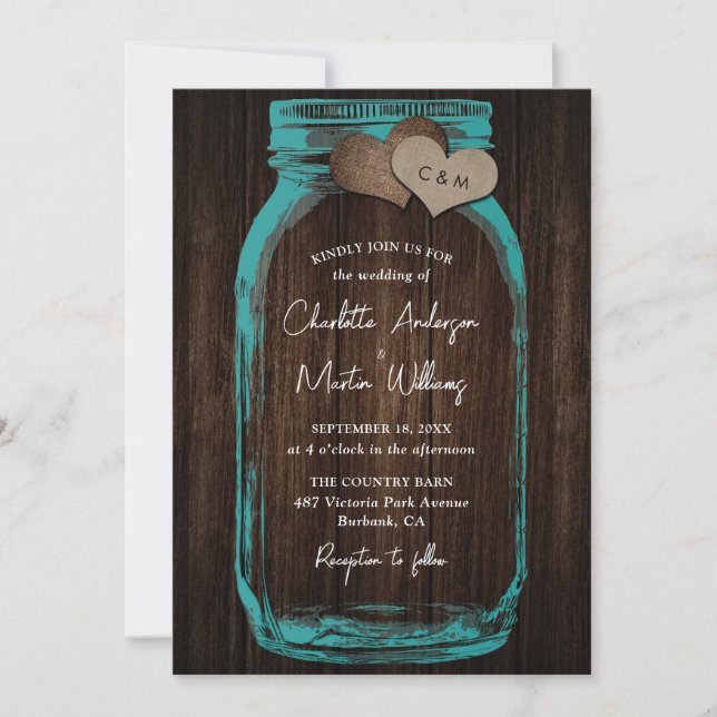 Invitación Teal Rustic Wood Burlap Hearts Mason Jar Wedding (Anverso)