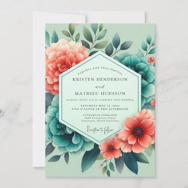 Invitación Teal Salmon Aquarelle Wedding (Anverso)
