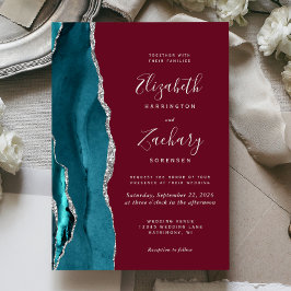 Invitación Teal Silver Agate Burgundy Wedding Invitation