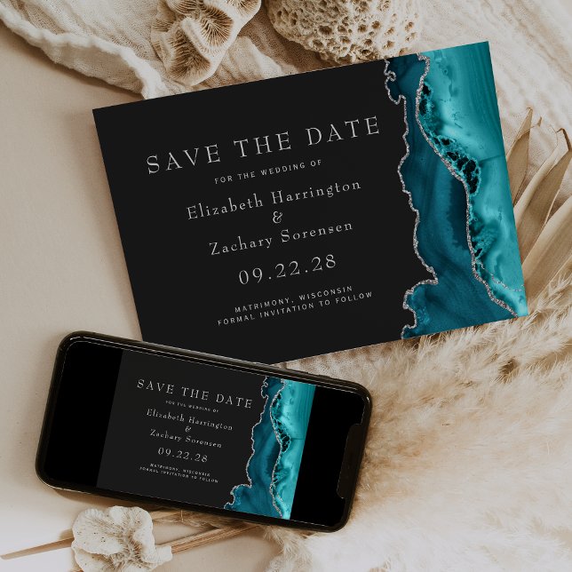 Invitación Teal Silver Agate Dark Save the Date (Subido por el creador)