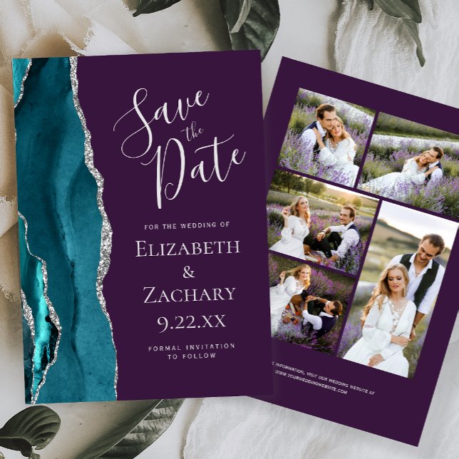 Invitación Teal Silver Agate Morado 5-Foto Save the Date (Subido por el creador)