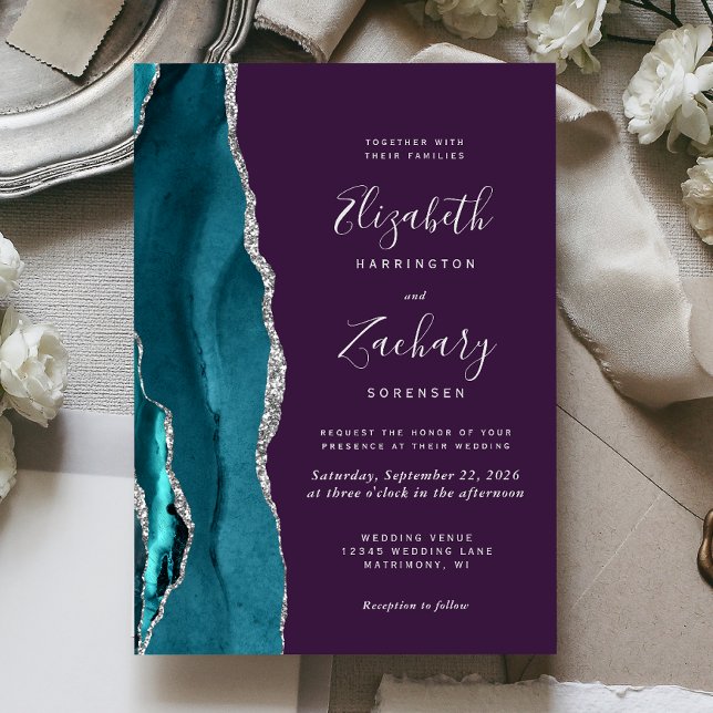 Invitación Teal Silver Agate Purple Wedding Invitation (Subido por el creador)