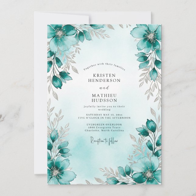 Invitación Teal Silver Botanical Winter Wedding (Anverso)
