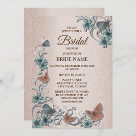 Invitación Teal Silver Floral Butterfly Tan Bridal Shower