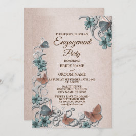 Invitación Teal Silver Floral Butterfly Tan Engagement party