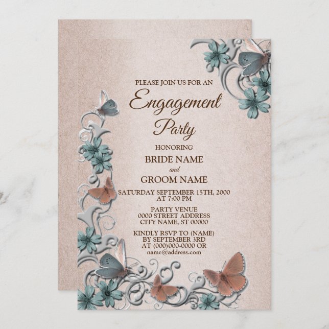 Invitación Teal Silver Floral Butterfly Tan Engagement party (Anverso / Reverso)
