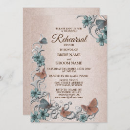 Invitación Teal Silver Floral Butterfly Tan Rehearsal Dinner