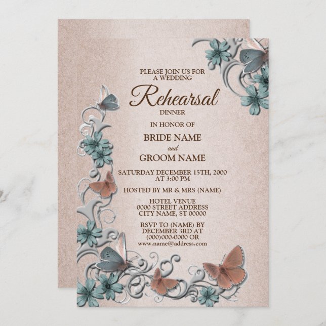 Invitación Teal Silver Floral Butterfly Tan Rehearsal Dinner (Anverso / Reverso)