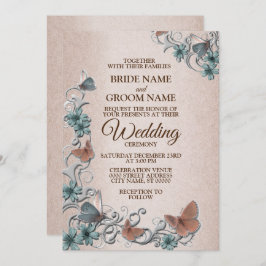 Invitación Teal Silver Floral Copper Butterfly Tan Wedding