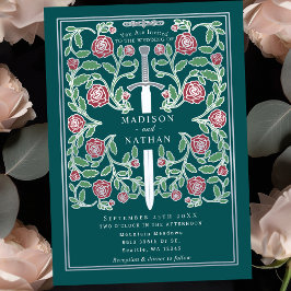 Invitación Teal Silver Sword Floral Medieval Fantasy Wedding