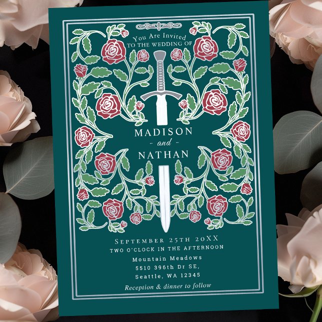 Invitación Teal Silver Sword Floral Medieval Fantasy Wedding (Subido por el creador)