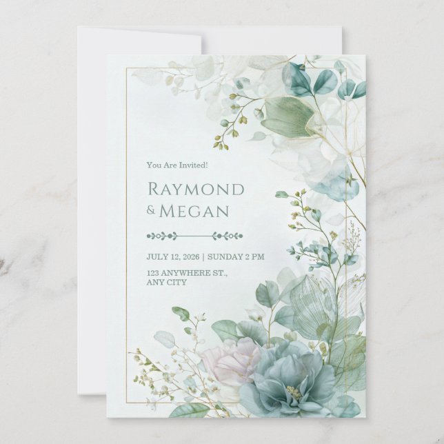 Invitación Teal Skeletal Leaf Botanical Gold Frame Wedding (Anverso)