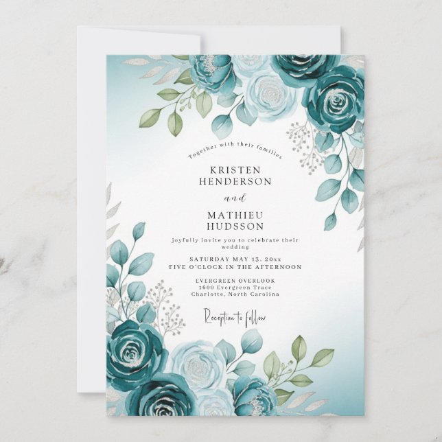 Invitación Teal Soft Watercolor Botanical Wedding (Anverso)
