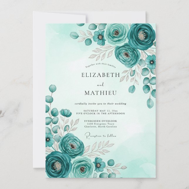 Invitación Teal Stately Botanical Wedding (Anverso)