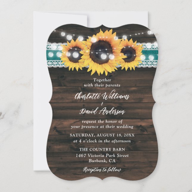 Invitación Teal Sunflower Rustic Wood String Lights Wedding (Anverso)