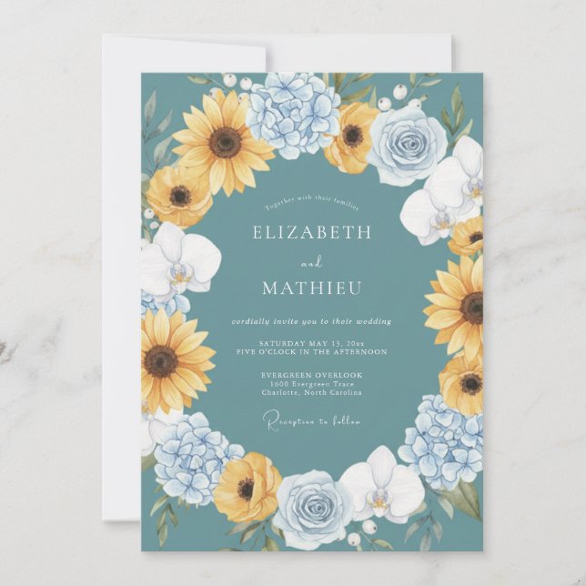 Invitación Teal Sunny Sunflower Wedding (Anverso)