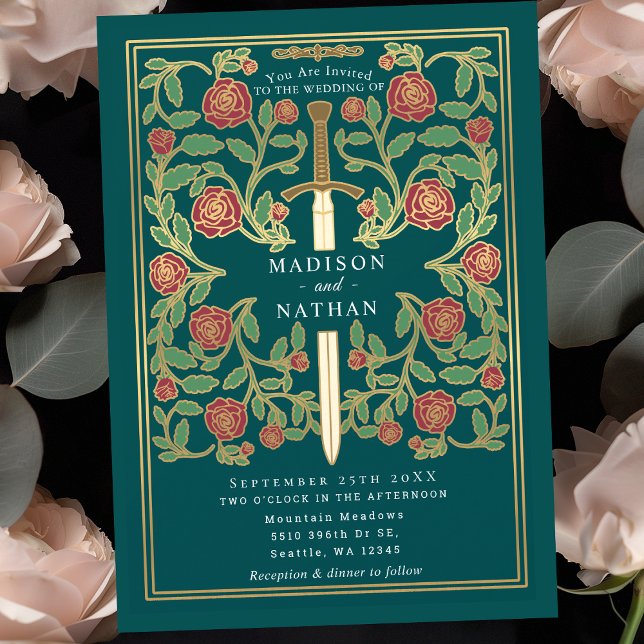 Invitación Teal Sword Floral Medieval Fantasy Wedding  (Subido por el creador)