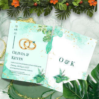 Invitación Teal Tropical Gold Monstera Wedding Invitation