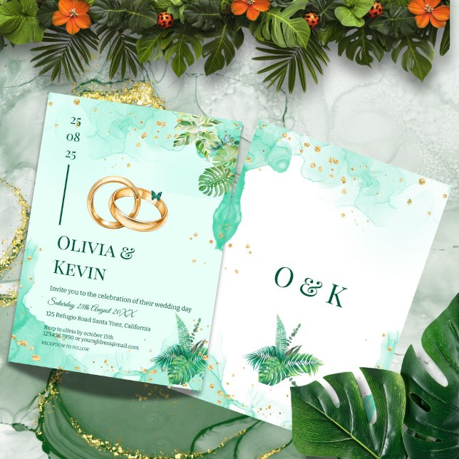 Invitación Teal Tropical Gold Monstera Wedding Invitation (Subido por el creador)