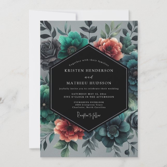 Invitación Teal Venetian Flora Wedding (Anverso)