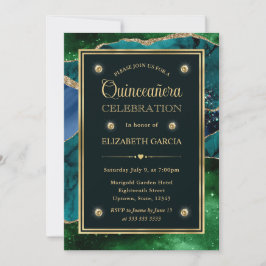 Invitación Teal, Verde y Dorado Agate Quinceañera con Brillo