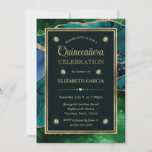 Invitación Teal, Verde y Dorado Agate Quinceañera con Brillo