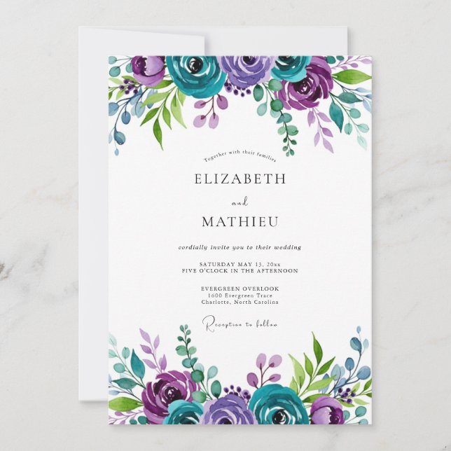 Invitación Teal Violet Majestic Botanical Wedding (Anverso)