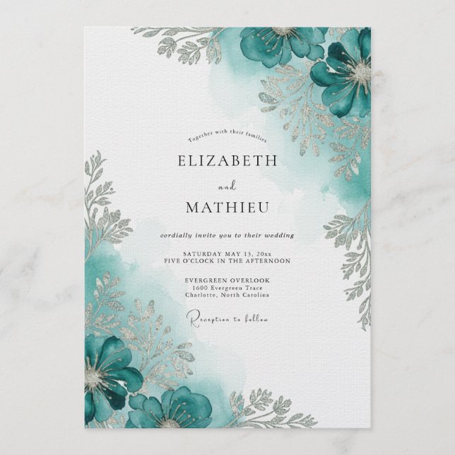 Invitación Teal Watercolor Bloom Wedding (Anverso)