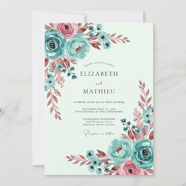 Invitación Teal Whimsical Botanical Spring Wedding (Anverso)