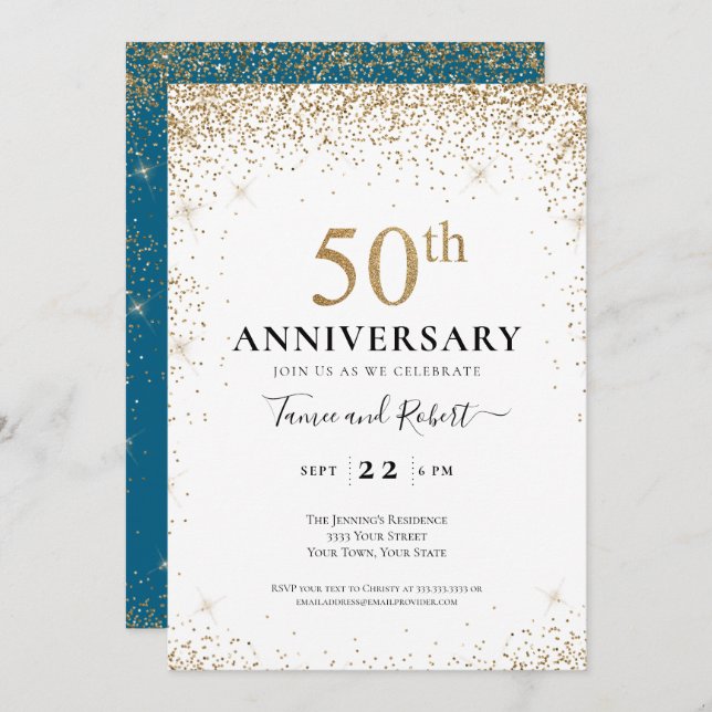 Invitación Teal White Gold 50th Wedding Anniversary  (Anverso / Reverso)