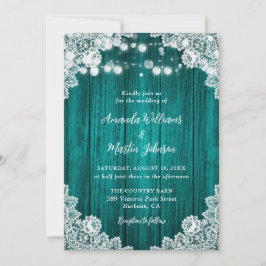 Invitación Teal Wood Floral Lace String Lights Rustic Wedding