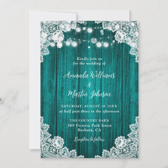 Invitación Teal Wood Floral Lace String Lights Rustic Wedding (Anverso)